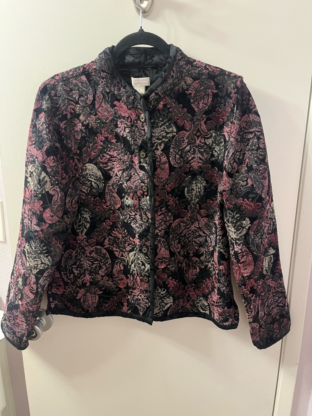 Christopher & Banks Black Brocade Jacket with Pink and Silver Floral PTP 22 L24